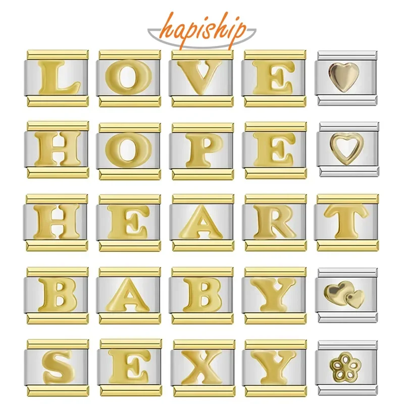 Hapiship Fashion New 26 Alphabet Letters Italian Charm Links Fit 9mm Stainless Steel Bracelet Jewelry DIY Making DJ907