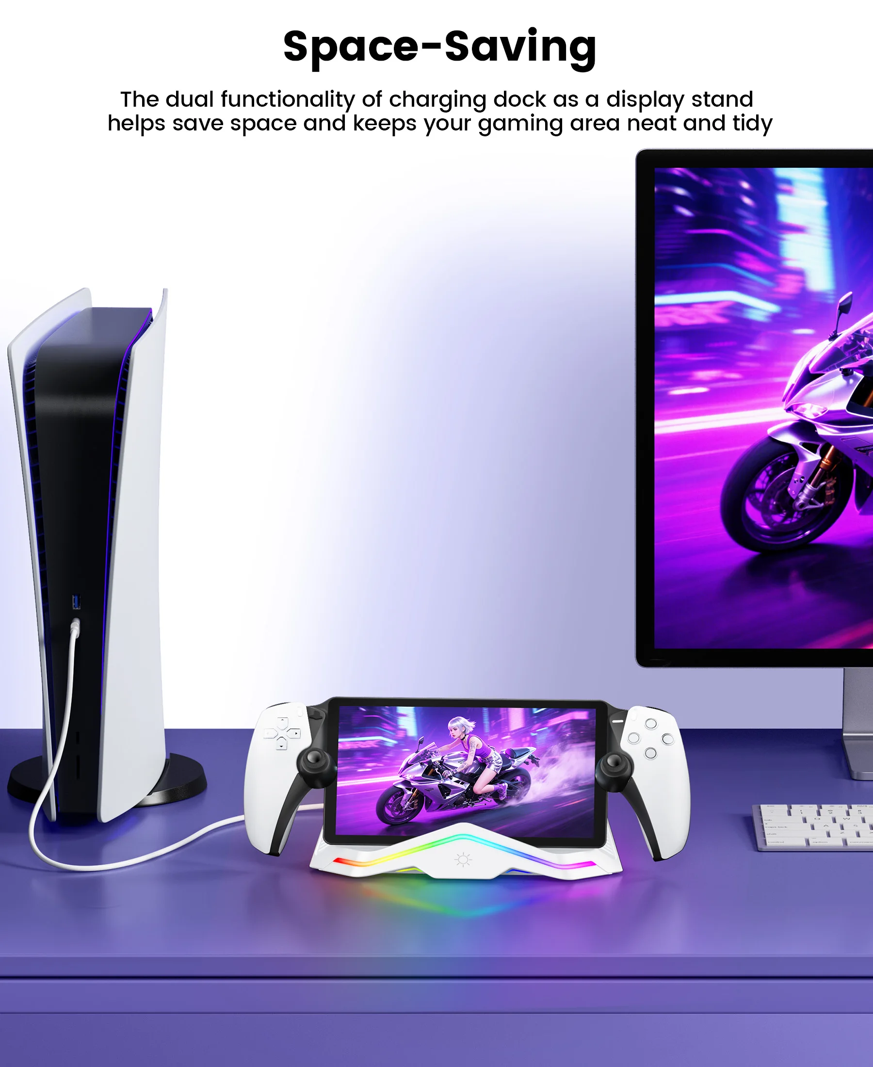 BEBONCOOL PR100 포털 고속 충전 도크 |   8가지 조명 모드 및 저장 기능 - PS5 스트리밍 핸드헬드 및 3A 게임용 자기 접촉
