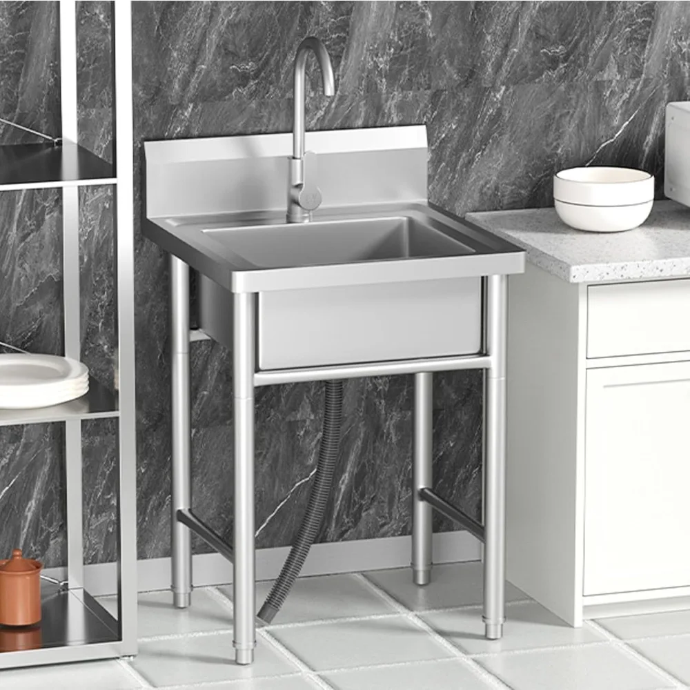 Freestanding Single Bowl Laundry Sink with Hot and Cold Water Plumbing Stainless Steel Sink 2