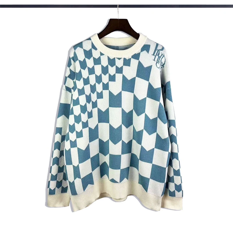 

Rhude Blue Plaid Jacquard Sweater Men Women Casual Fashion New arrive Checkerboard Srid Sweatshirts Gym y2k