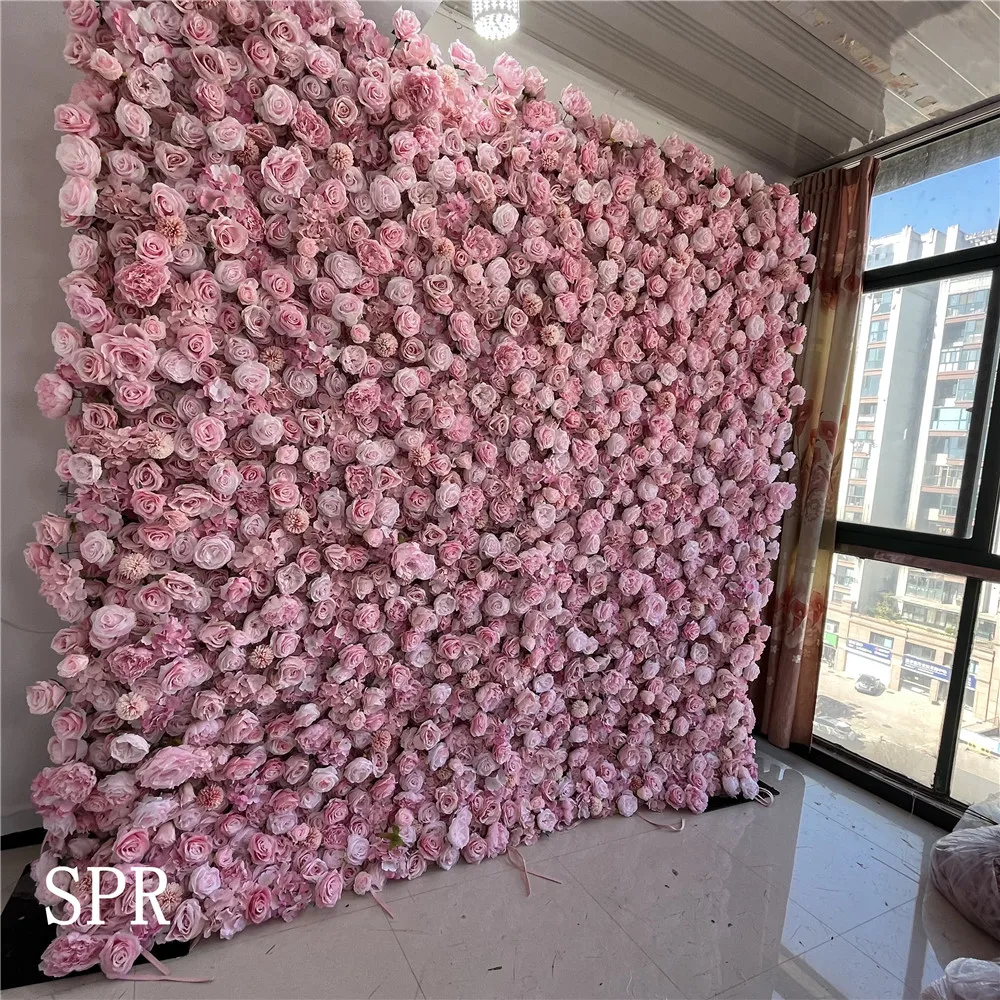 

SPR China Manufacturer Decorative White Blush Pink Rose Wall Rolled Up Artificial Flower Backdrop Stand Wedding