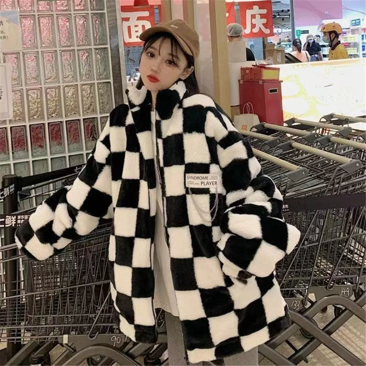 

Imitation Cashmere Hoodie Women Harajuku Kpop Plaid Jacket Hip Hop Tops Autumn Winter Sweatshirt Oversized Zip Up Hoodie Female