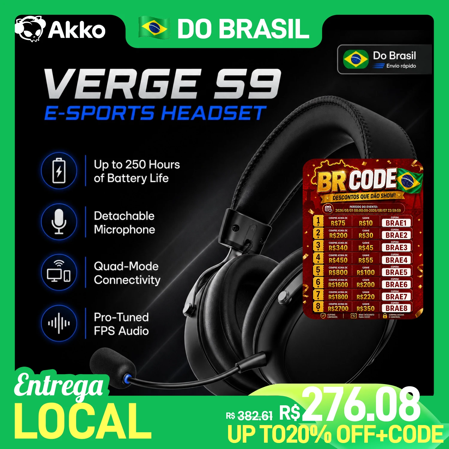 Fone de Ouvido AKKO VERGE S9 Ultra com Microfone, Som Surround Virtual 7.1, Modo Quádruplo, Acessórios para Jogos de PC e E-sports