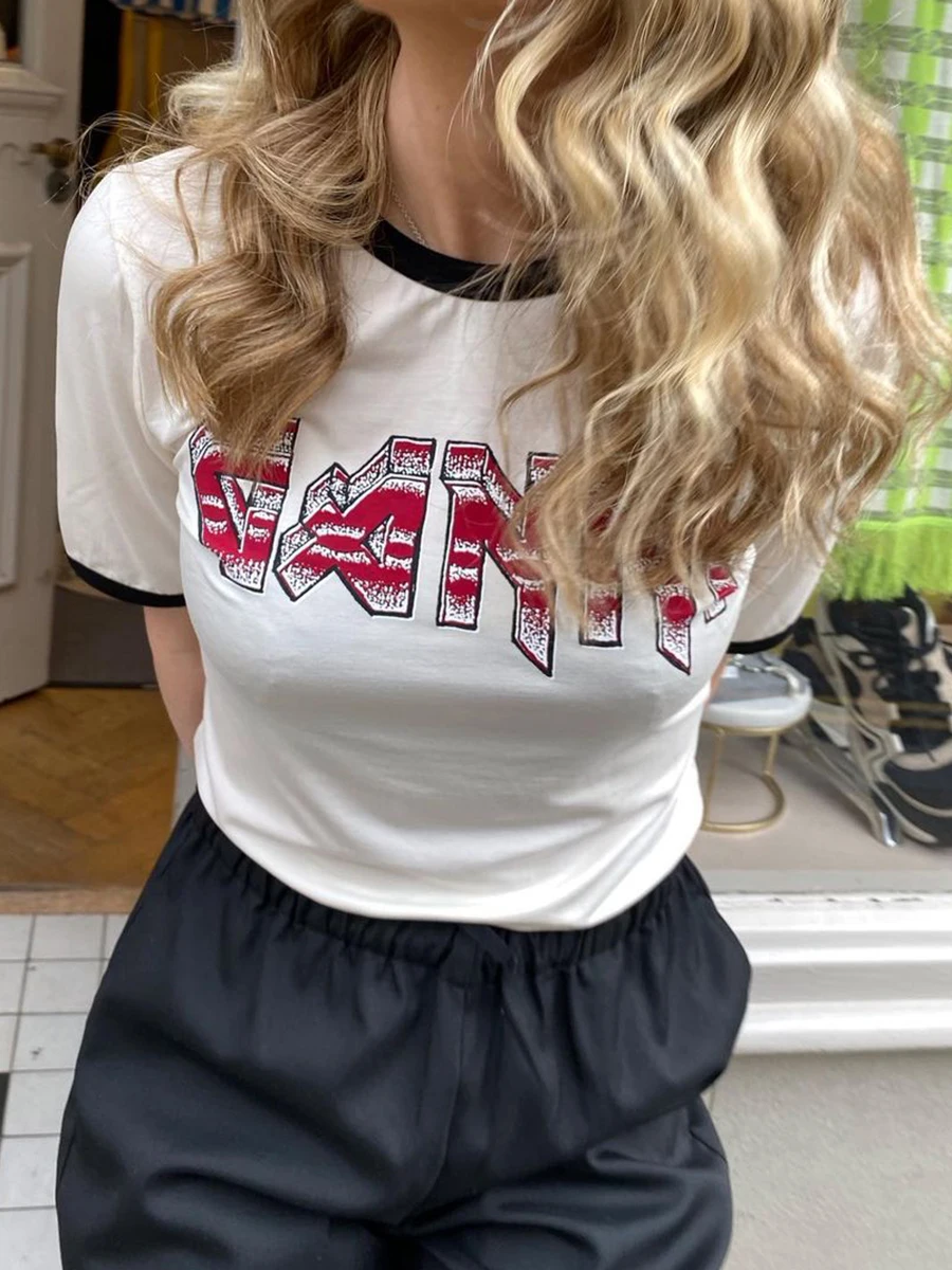 

Artistic Letter Print T-shirt Women Summer Short Sleeve Round Neck Cotton Tops Tees Female Casual Clsiic Tshirts Clothes