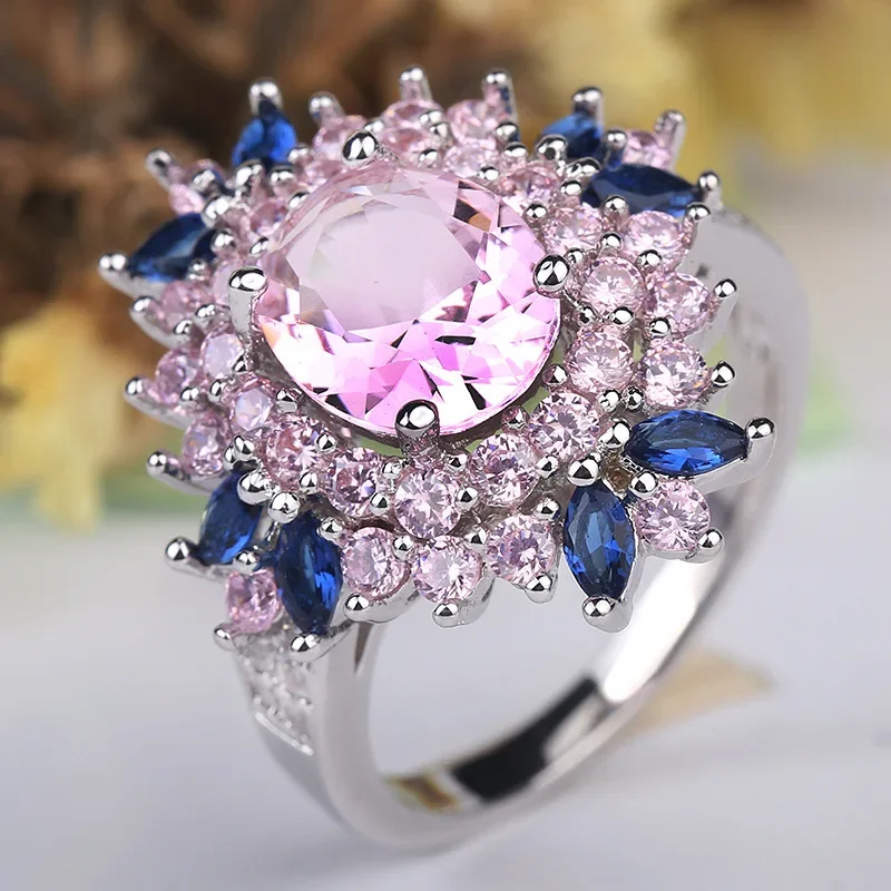 925 Sterling Silver Ring Women Gift AAA Multi color zircon Jewelry Blue Pave Flower Wedding Silver Rings silver rings,silver ring,wedding rings