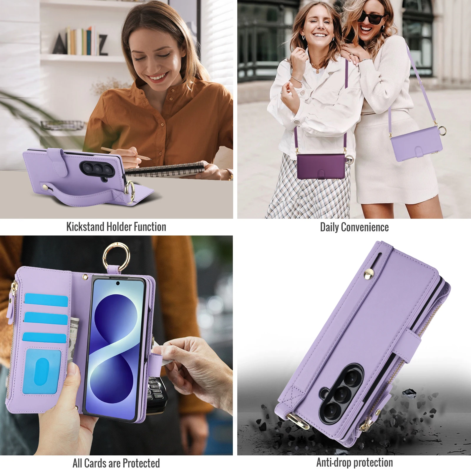 Elegant Multi-Functional Leather Crossbody Wallet Case with RFID Protection and Zippered Storage