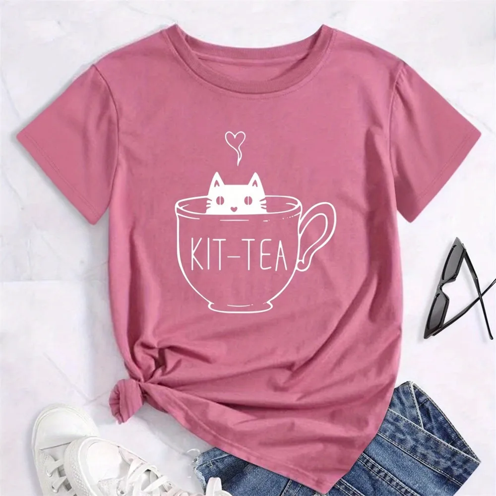 

Women's Streetwear O Neck T-Shirt Short Sleeve Ladies Top Casual T Shirt Summer Cartoon Cat Print Loose Tee Woman Clothing