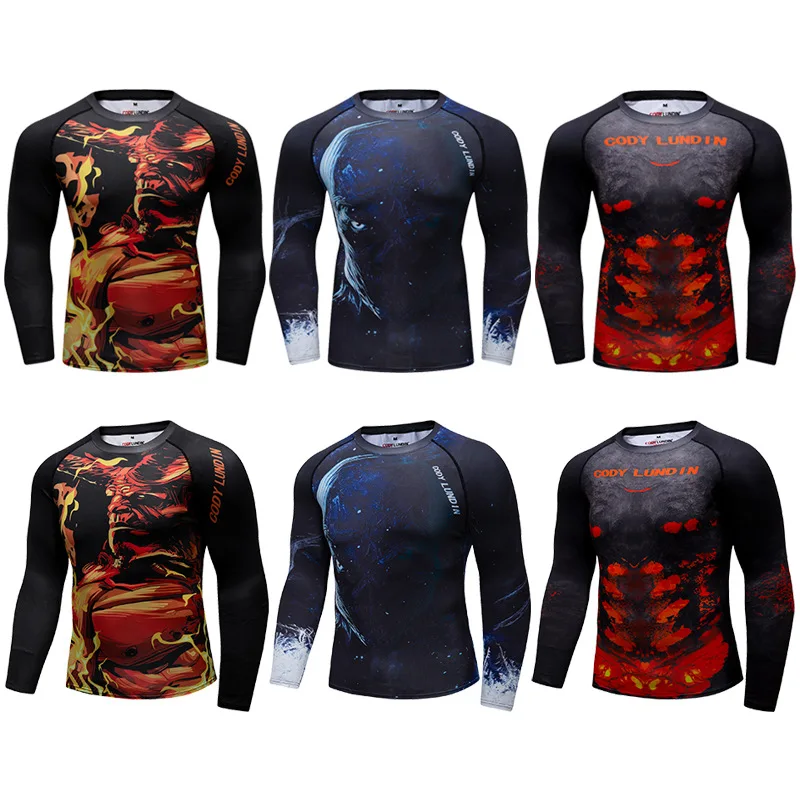Mens BJJ MMA Rash Guard T-shirt Fitness Sport Compression T-shirts Boxing Jerseys Gym High-elasticity Workout T Shirts