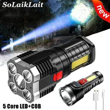 

Super Bright 5 Core LED Tactical Flashlight USB Rechargeable Powerful Flash Torch High Power COB Portable Light Camping Lantern
