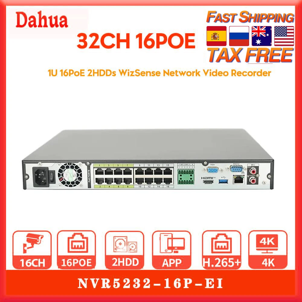 

Original Dahua NVR5232-16P-EI 1U 2HDDs WizSense Video Recorder 4K 32 Channels 16 PoE NVR IP Camera Smart Ai System SMD