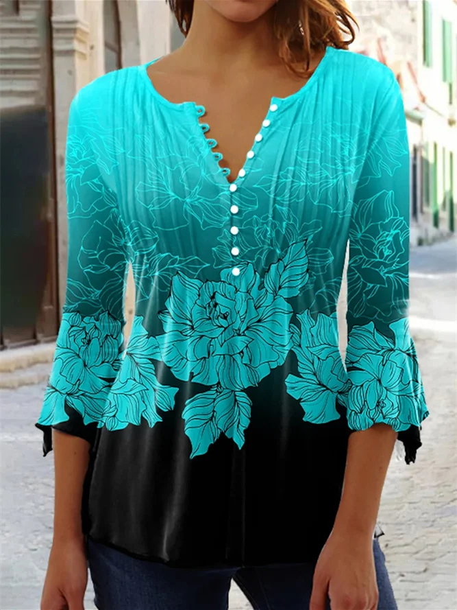 

Plus Size Women 3/4 Sleeve V-neck Colorblock Floral Printed Top