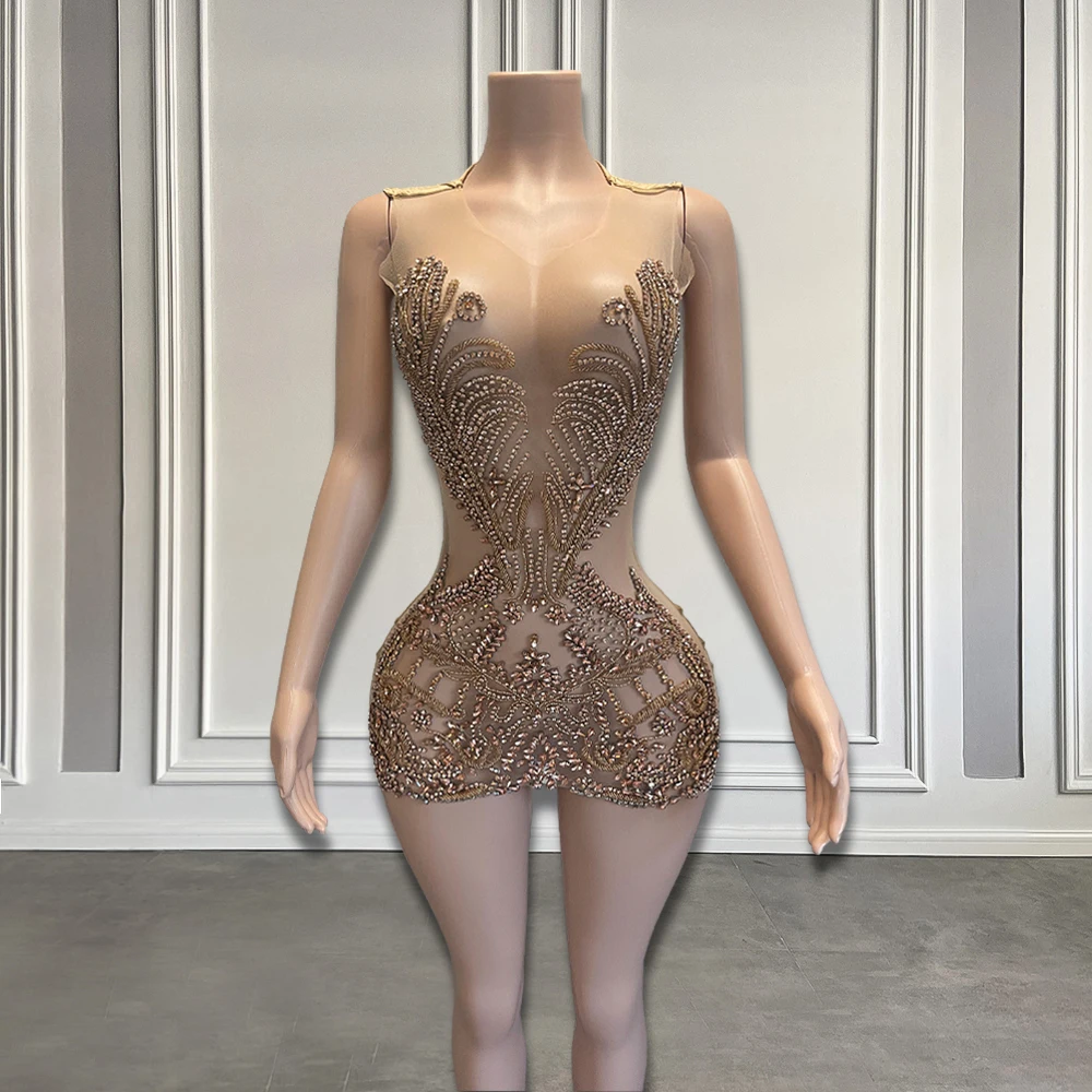 

Black Girls Sexy See Through Mini Birthday Dress for Formal Party Sparkly Luxury Gold Crystal Diamond Short Prom Cocktail Gowns