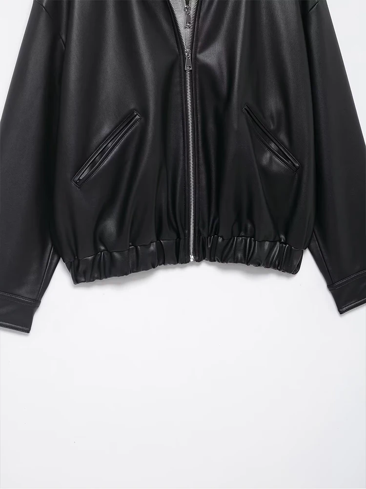 Women's Jacket Autumn Winter 2025 New Fashion Leather Splicing Hooded Jackets Women Coat Casual Long Sleeve Zipper New Outerwear