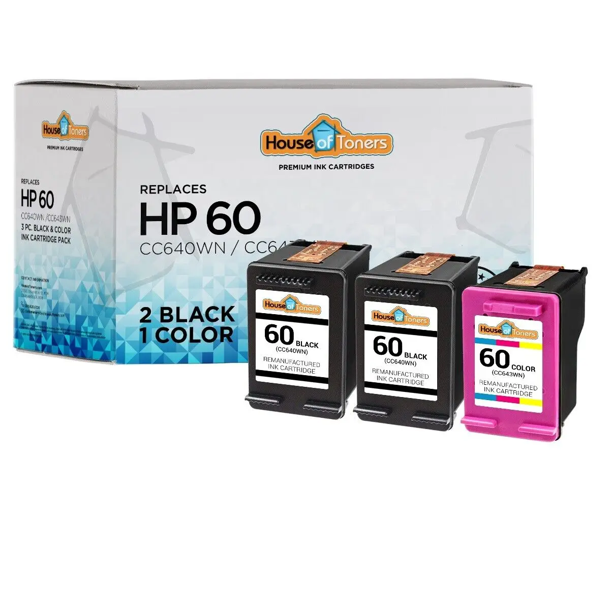 Tinta 3-pk 60 Blk Clr CC640/CC643 para HP Photosmart C4690 C4783 C4740 C4750 C4780