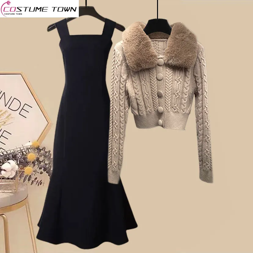 

Женский осенне-зимний комплект, новинка 2023, корейский пикантный облегающий короткий свитер, облегающее платье-годе, Модный комплект из двух предметов
