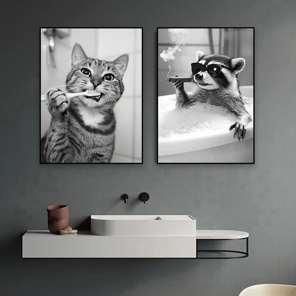 Funny Cat Bathroom Canvas Wall Art Posters Black And White Funny Animal ...