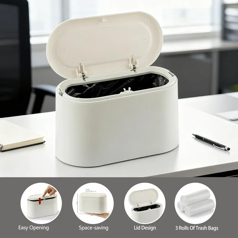 Compact Desktop Trash Can with Lid - Mini Plastic Waste Bin for Vanity/Bedside/Office,  Space-Saving &  Odor-Blocking