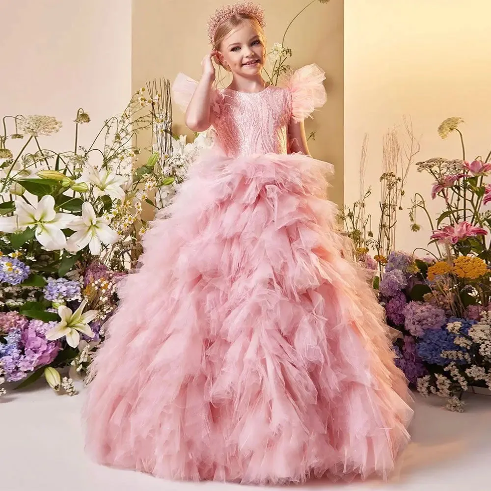 

Pink Tiered Tulle Puffy Feathers Applique With Bow Flower Girl Dress For Weddings Child First Eucharistic Birthday Party Dresse