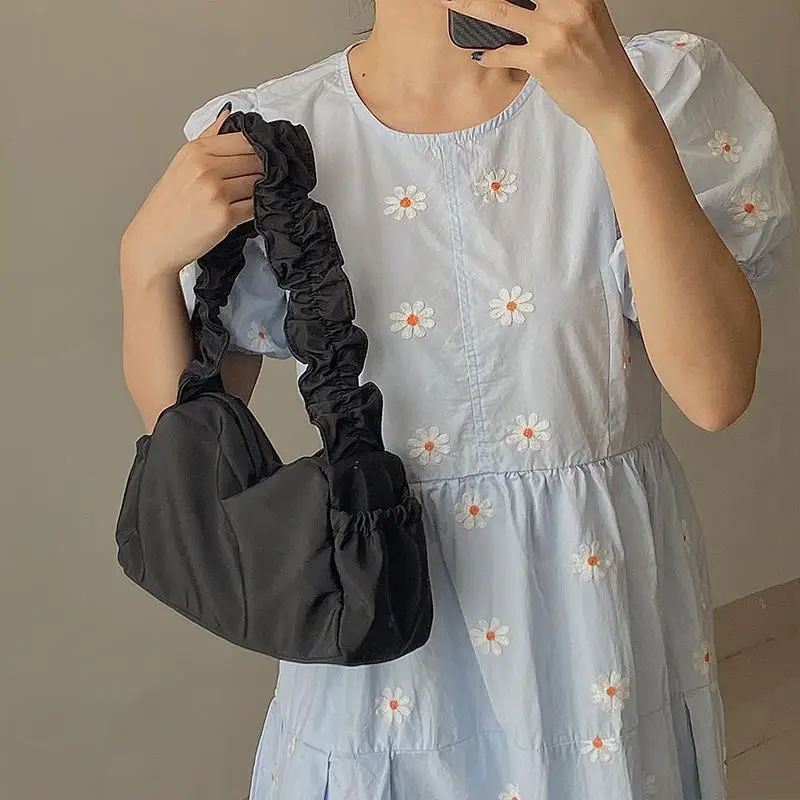 

Fashion Nylon Women Hobos Clutch Purse Handbags Vintage Ladies Small Shoulder Bags Retro Pleated Design Female Armpit Tote Bag