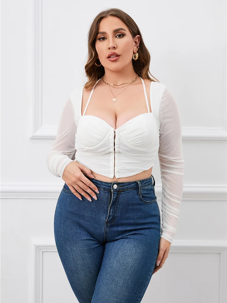 EYNMIN Plus Size Fashion V Neck Long Sleeve Blouses Women Summer Sexy High Stretch Halter Lace Up Blouse Club White Slim Blouses