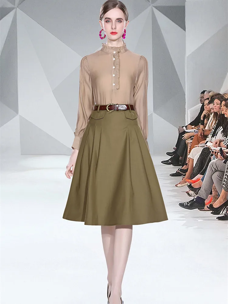 

Women Autumn Elegant Office Work Two Piece Outfits Lapel Chiffon Shirt Top And Long Midi Faux Leather Skirt Set