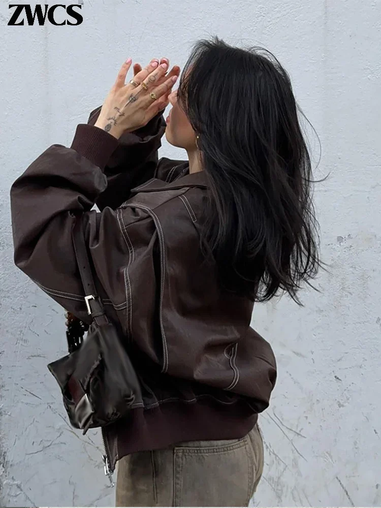 Wine Red Zipper Leather Jacket Women Casual Long Sleeve Lapel Cropped Coat 2024 Autumn New Lady Vintage Fashion Tops Outerwear 6