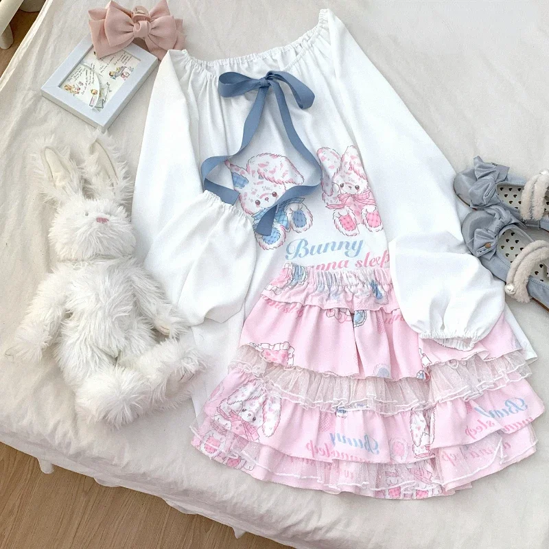 

Kawaii Pink Lolita Style Mini Skirt Cartoon Bunny Print Lace Mesh Patchwork Short Skirt Girl Elastic Waist Y2k Aesthetic Clothes
