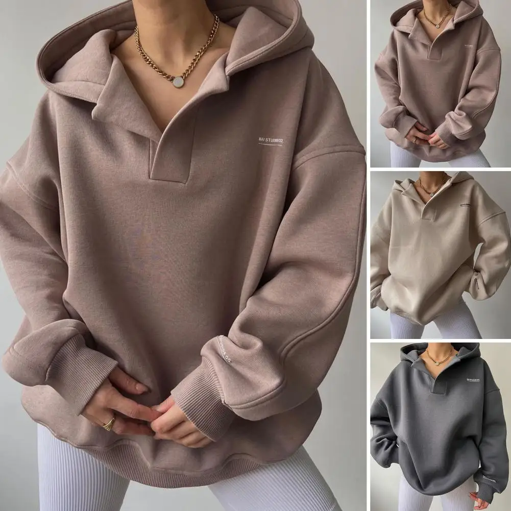 

Women Hoodie Stylish V-neck Hooded Sweatshirt for Women Loose Pullover Top with Long Sleeves Fashionable Solid Color for Autumn