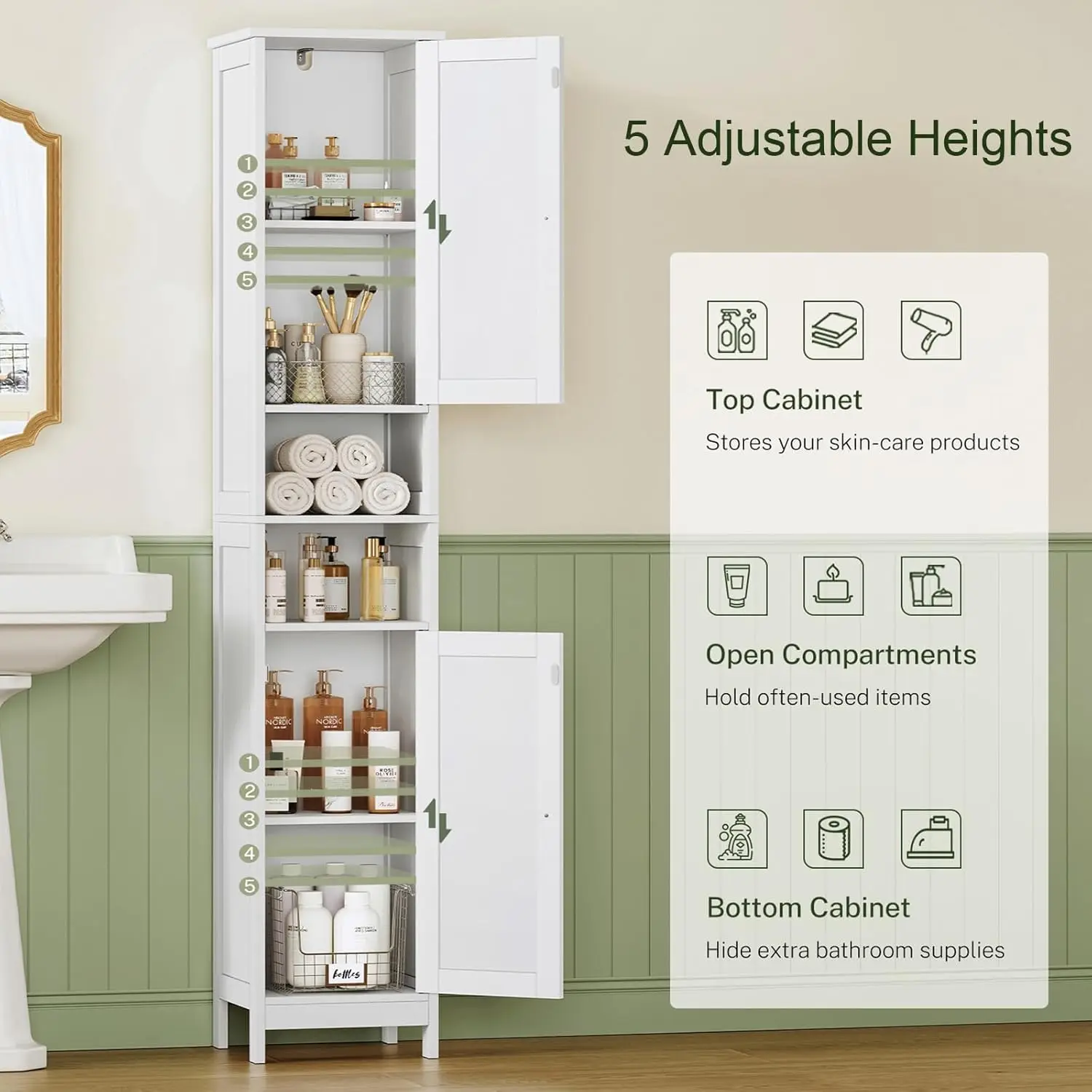 67" Tall Bathroom Cabinet with Adjustable Shelves and Doors, Narrow Bathroom Storage Cabinet
