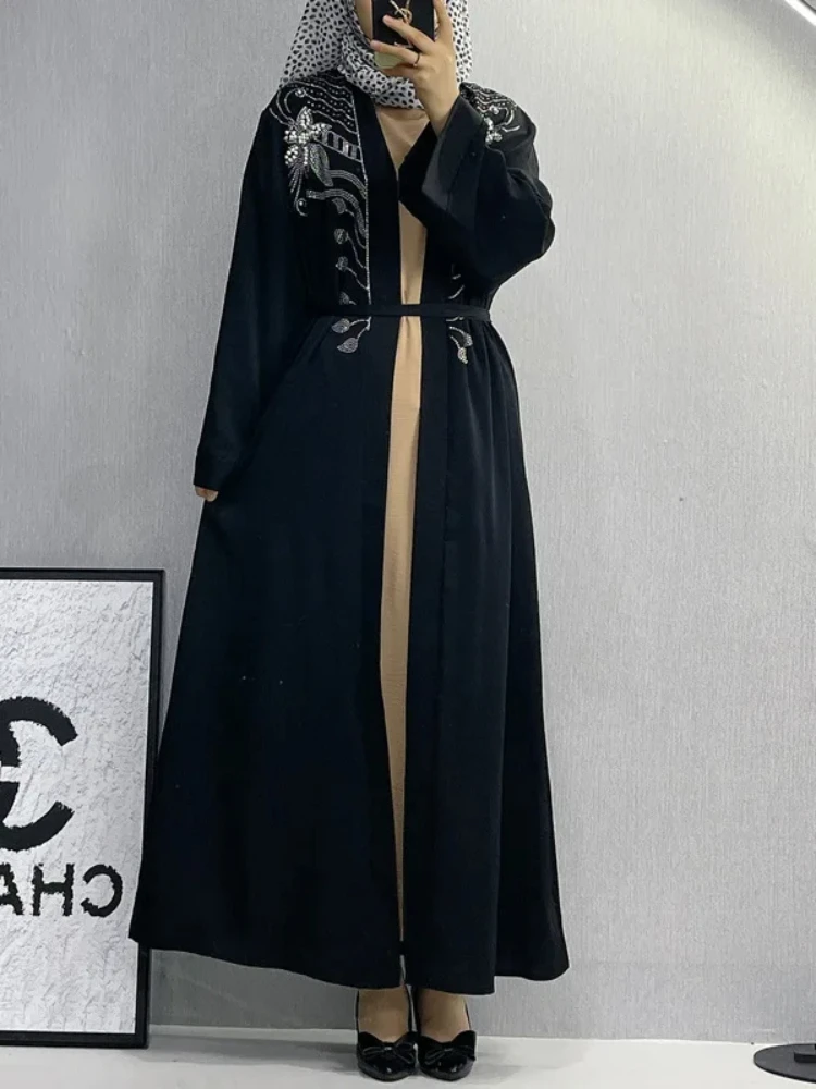 

elegant muslim abaya for Women Eid dress Ramadan lace-up Cardigan beading Dubai Diamonds Abayas Vestidos Long Robe Belt vestidos