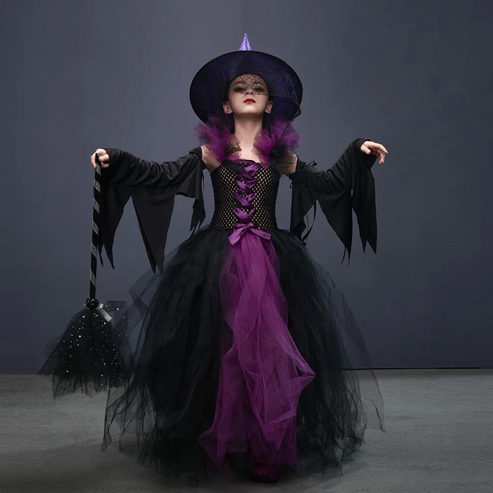 

Girls Witch Halloween Costume for Kids Long Tutu Dress with Hat Broom Black Evil Queen Outfit Children Carnival Party Clothes