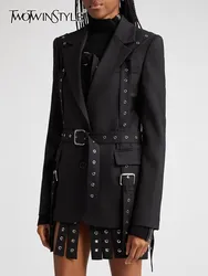 TWOTWINSTYLE Streetwear Patchwork Metal Buckle Blazers For Women Notched Collar Long Sleeve Solid Loose Blazer Female Fashion