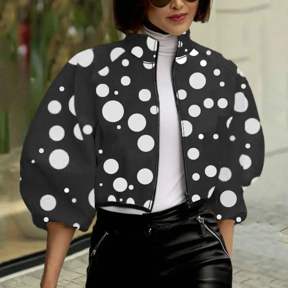 Women Jacket Stand Collar Color Matching Dot Print Zipper Closure Short Type Loose Long Sleeve Cardigan Lady Casual Coat jacket cardigan sleeve leopard sweater short women print fashion ladies casual coat zipper outwear long top jacket sleeve jacket