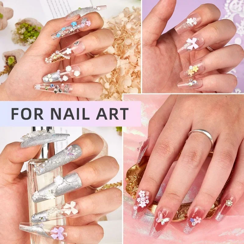 Mixed Acrylic Bowknot 3D Nail Art Decorations Flower Resin Charms Gold Beads Caviar Pearl Mixed Rhinestones Accessories Boxed 5