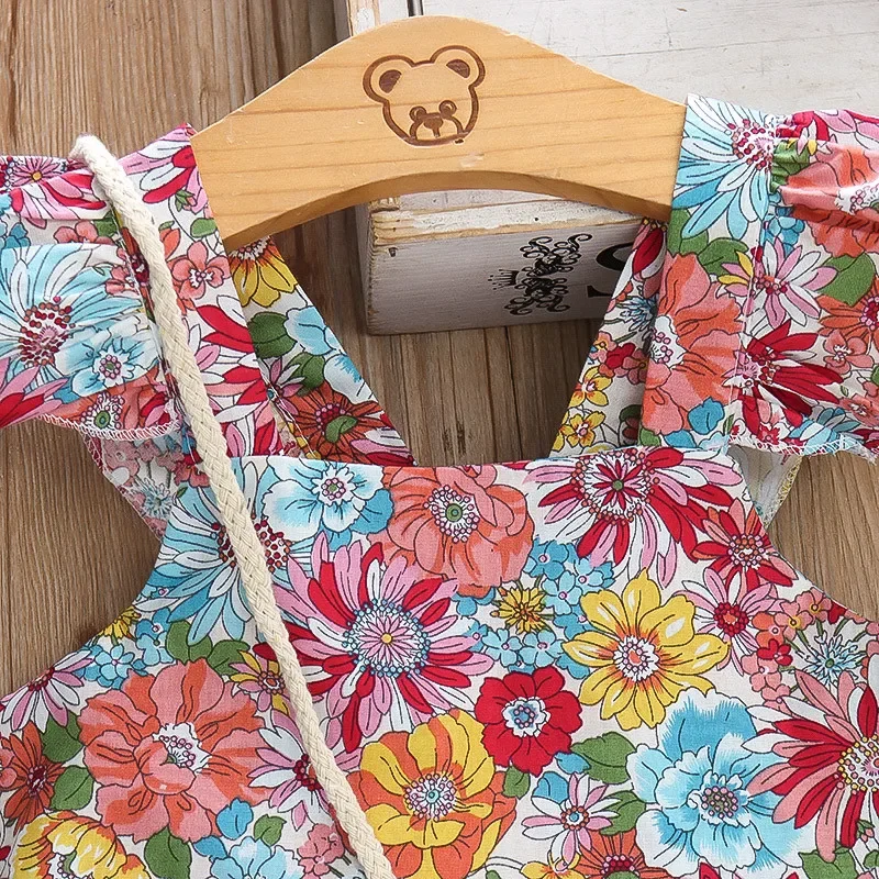 (Girls 0-3 years old)New Summer Girls Dress Halter Small Flying Sleeve Ruffled Flowers Full Print + Crossbody Bag A-line Dress Baby & Maternity