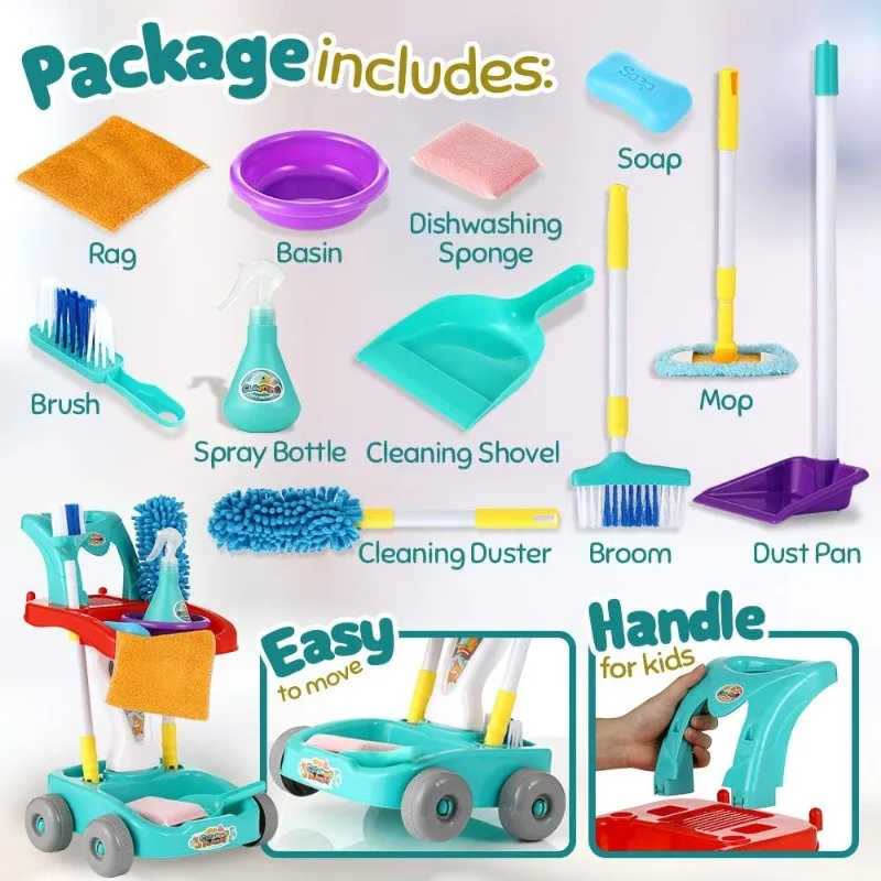 Kids Cleaning Toy Set with Broom Dustpan Mop Spray Bottle Pretend Play House Cleaning Cart Toy Early Educational for Kids