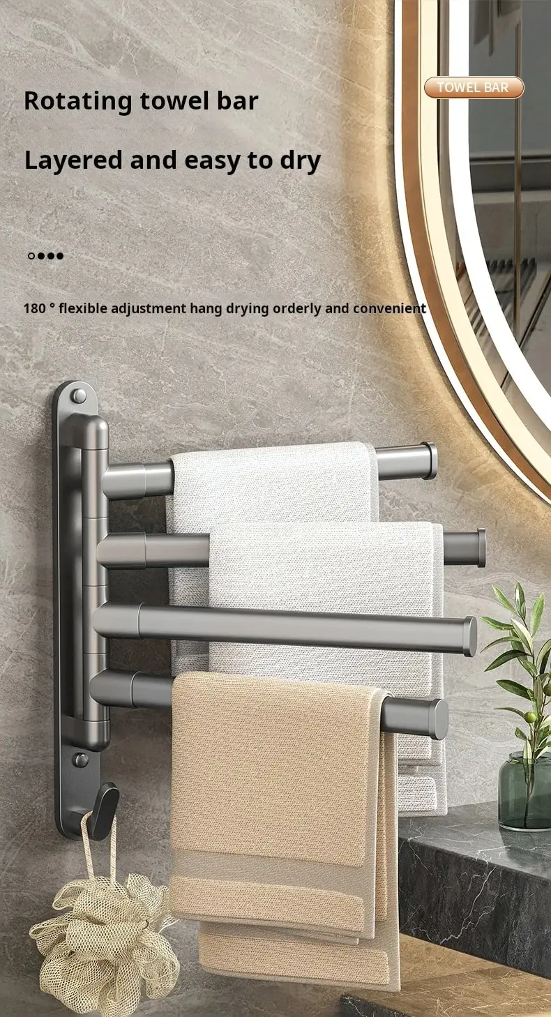 Description Picture 2 of item4 Tier Towel Bar Hole-free Installation Rotatable Multifunctional Bathroom Towel Storage & Organization Rack