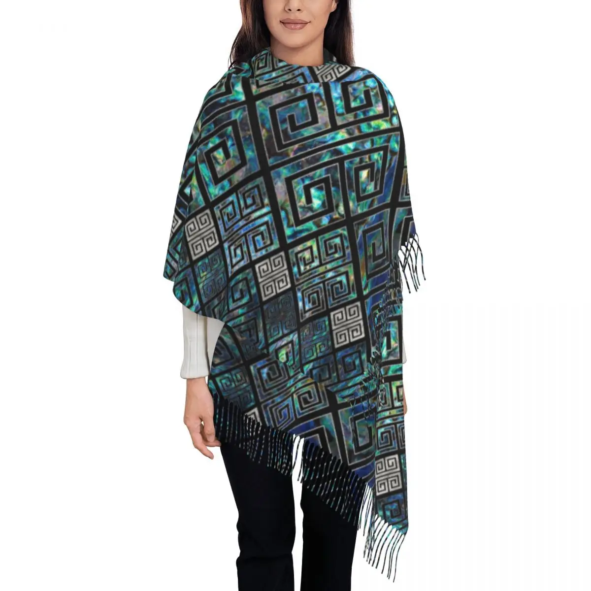 

Ladies Long Greek Meander Pattern Scarves Women Winter Soft Warm Tassel Shawl Wraps Greek Key Ornament Scarf