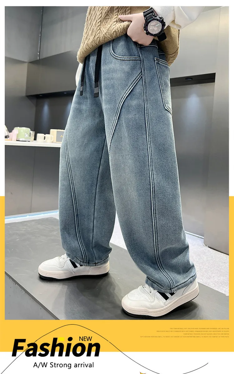 십대 가을 빈티지 배기 청바지 소년용 루즈 스트레이트 캐주얼 데님 팬츠 학생 어린이 레터 자수 바지