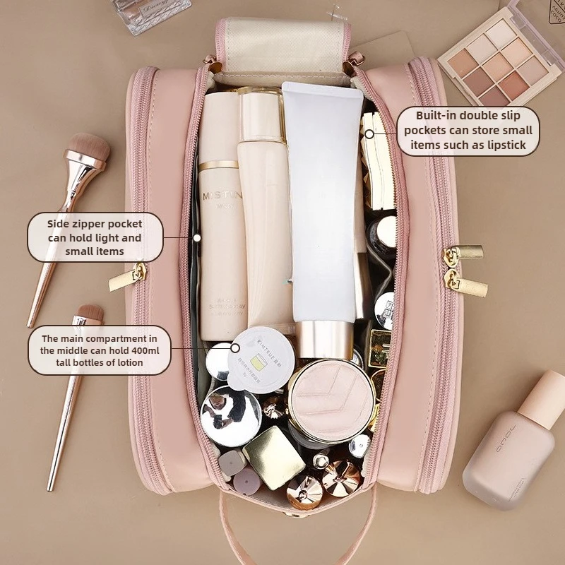 Multifunctional Makeup Bag For Women PU Leather Large Capacity Portable Double Zipper Travel Makeup Brush Toiletries Storage Bag