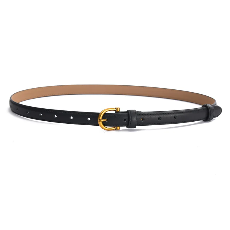 

Ladies New Cowhide Pin Buckle Thin Belt Simple Casual Style Decorative Jeans Women Beige and Caramel Black Girdle