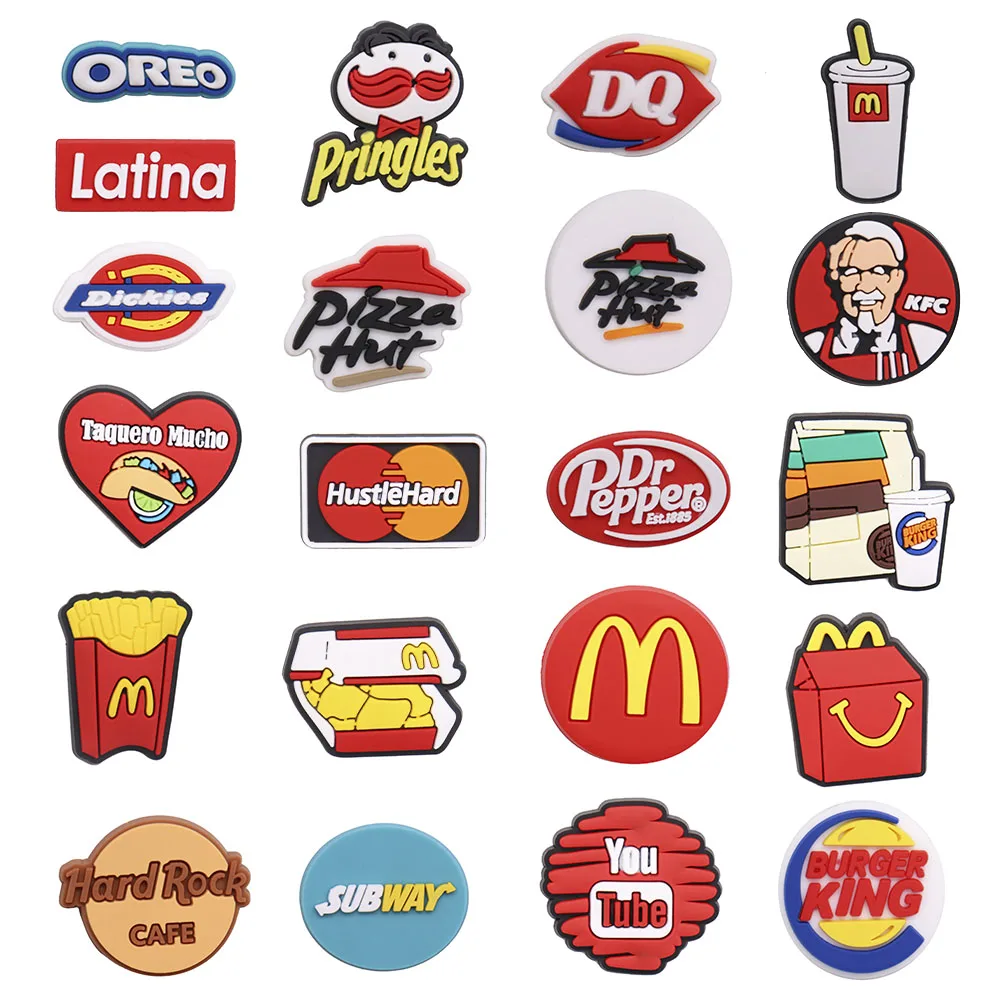 

1Pcs New Designer Food Brand Fries PVC Shoe Charms Hamburger Taco Drink Pizza Heart Croc Jibz Buckle Fit Wristbands Backpack