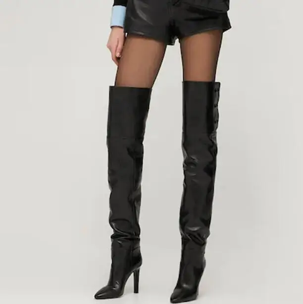 

Fashion Black Brown Solid Color Rivet Pointed Toe Over The Knee Boots Women 100 mm Square Heels Thigh Long Botas Shoes Size 46