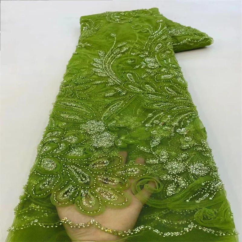 

2024 Green French Embroidery Beaded Lace Fabric African Nigerian With Sequins Fabric For Wedding Dress Party Blue