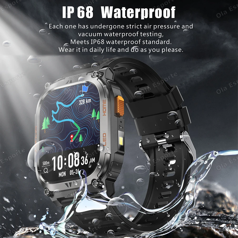 New Outdoor Military GPS Smart Watch IP68 Waterproof Men Bluetooth Call Health Monitor Flashlight 170+ Sports Modes Smartwatch