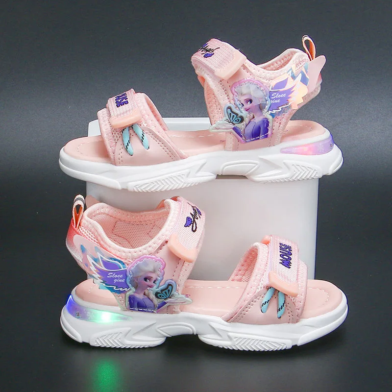 best children's shoes Disney children's shoes summer elsa girls mesh toe sandals beach shoes fashion ins frozen princess soft bottom led light sandals comfortable sandals child Children's Shoes