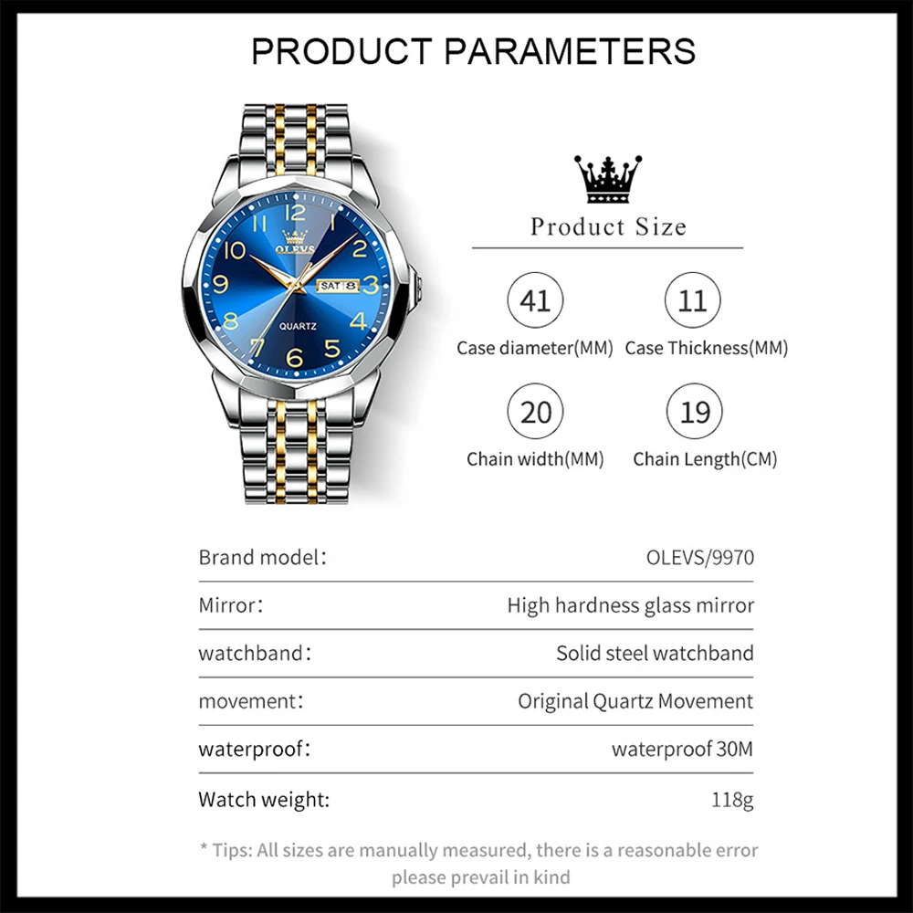 OLEVS Men's Watches Rhombus Mirror Dual Calendar Wristwatch Luxury Stainless Steel Business Quartz Watches for Men Reloj Hombre