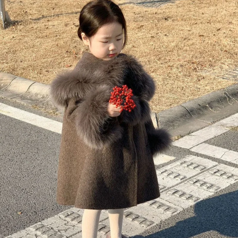 Kids jacket girls woolen coat overcoat jacket windbreak brown warm plus thicken autumn winter cotton teenagers children's clothing