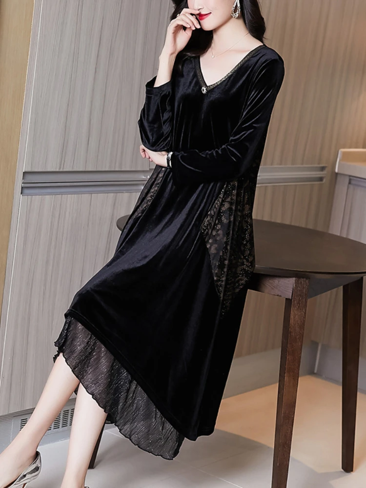 

Elegant Women Vintage Casual Black Maxi Dresses 2023 Autumn Winter Long Sleeve Midi Dress Party Dresses