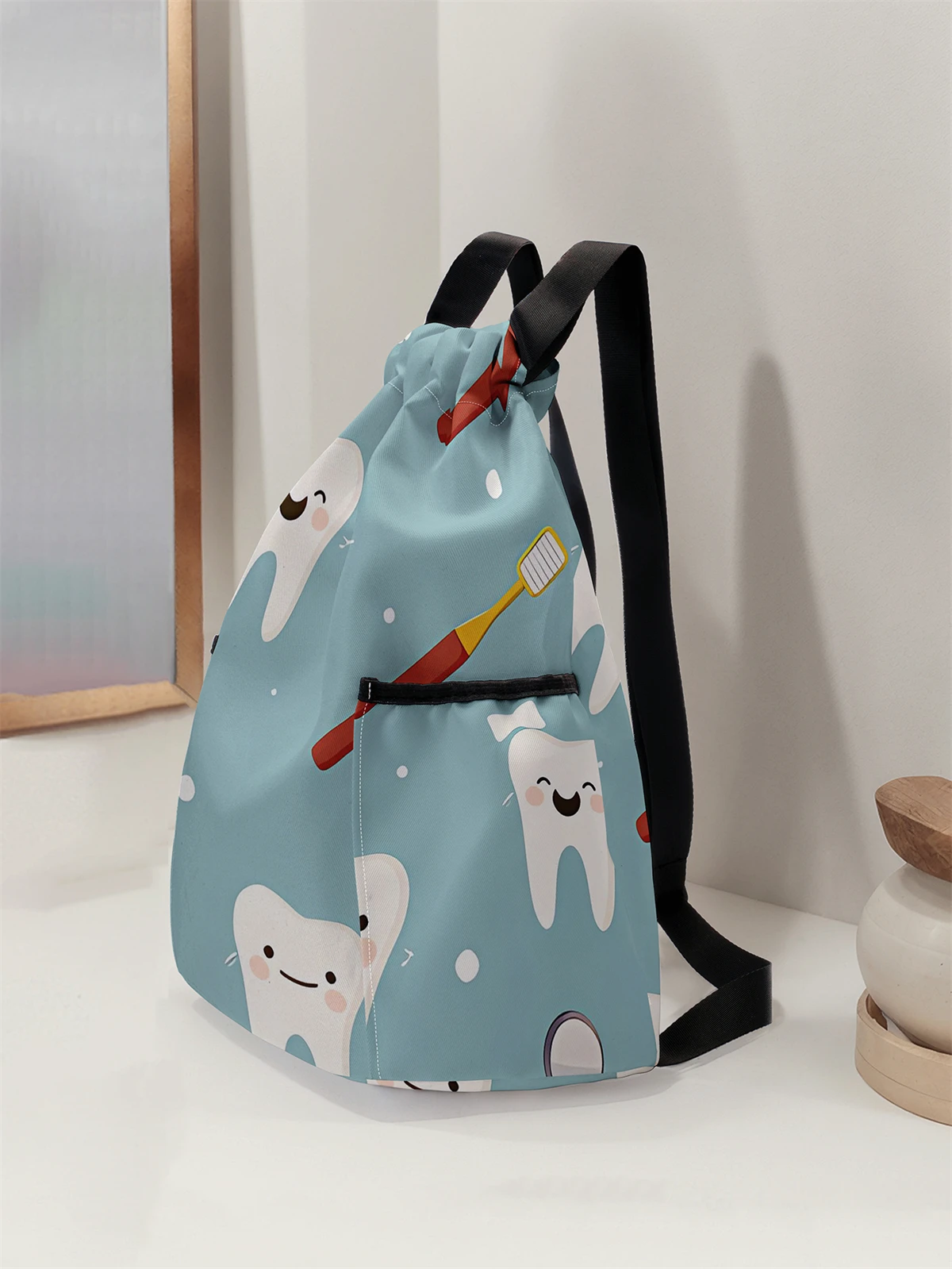 Tooth Pattern Pulling Rope Backpack - Large Capacity Durable Fitness Bag, Adjustable Shoulder Strap, Sports Beach Backpack